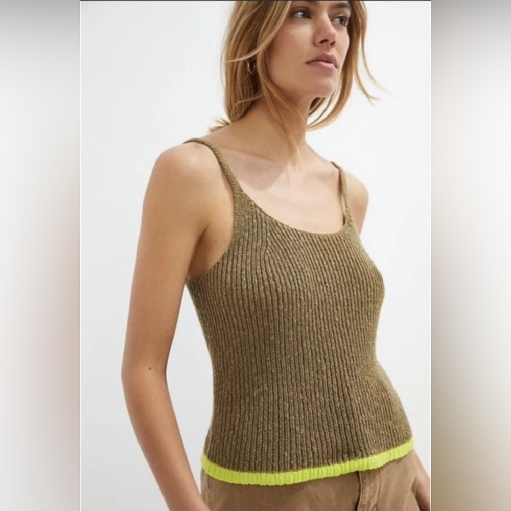 Anthropologie Pilcro Easy Breezy Knit Two-tone Tank Top Olive Green Womens Small